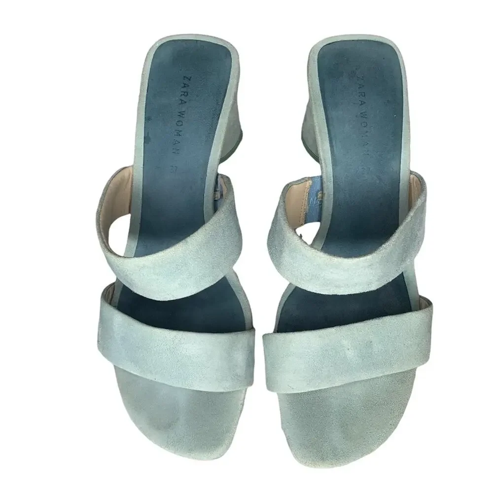 ZARA Sandals Size 6.5 (37) baby blue chunky 2.25" heels - Picture 8 of 14